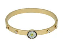 Esclava rígida de acero con baño de oro, presenta un diseño central de ojo turco rodeado de circonias multicolor y pequeñas circonias incrustadas a lo largo de la estructura.