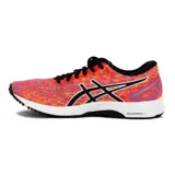 Championes de running Asics Gel-DS Trainer 25 con capellada de malla multicolor en tonos anaranjados y fucsias, entresuela blanca y suela negra. Presentan el logotipo lateral de Asics en color negro con borde blanco y cordones negros.