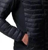 Campera puffer híbrida Columbia modelo Powder Pass Hybrid, color negro, con capucha y cierre frontal completo. Cuenta con tecnología Omni-Shield repelente al agua y aislamiento de poliéster.