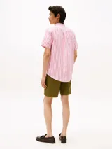 Camisa de manga corta Tommy Hilfiger con cuello mao y diseño a rayas verticales rosas y blancas.