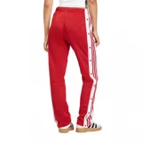 Pantalón deportivo Adidas modelo Adibreak, color rojo con franjas laterales blancas y botones a presión a lo largo de las piernas. Presenta el logo de la marca y detalles gráficos en la parte inferior.