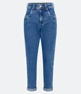 Pantalón mom jeans de tiro alto, color azul denim, con bolsillos delanteros y traseros.