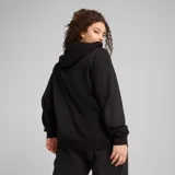 Campera Puma Essentials N1 Comfort de color negro, con capucha, cierre frontal completo, bolsillos tipo canguro y el logo de la marca estampado en blanco en el pecho.