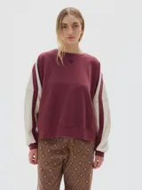 Buzo de felpa suave color azul marino con interior de frisa, calce oversized y detalles laterales a contratono en color beige en las mangas. Tiene un bordado del logo de la marca en el pecho y la palabra "PASTICHE" bordada en la espalda.