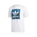 Remera de manga corta Adidas con cuello redondo, color blanco, con un estampado gráfico central que combina el logo del trébol con un diseño de hojas en tonos azules y detalles en naranja.