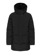 Campera puffer larga con capucha ajustable, cierre frontal combinado con cremallera y botones a presión, y puños internos. Diseño acolchado con bolsillos laterales.