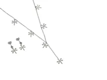 Set de collar y caravanas de acero italiano plateado. El collar es de cadena fina con dijes colgantes de libélulas. Las caravanas son colgantes con diseño de libélula.