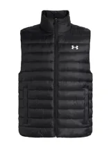 Chaleco acolchado Under Armour con tecnología UA Storm repelente al agua, aislamiento sintético de 80g, cierre frontal completo, bolsillos laterales con cremallera y bajo elástico.