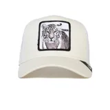 Gorra trucker Goorin Bros color beige con malla blanca y cierre snapback, con parche bordado frontal de un tigre blanco y la palabra "Tiger".