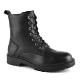 Bota de cuero color tostado, modelo acordonado con ojales metálicos, suela track y presilla trasera.