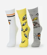 Kit de tres pares de medias de caña alta con diseños de los personajes de Looney Tunes: Bugs Bunny, Piolín y el Demonio de Tasmania.