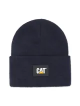Gorro beanie azul marino de punto acanalado con vuelta y parche frontal de goma con el logotipo de Caterpillar.