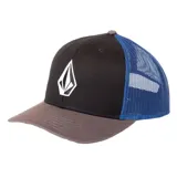 Gorra Volcom modelo Cheese tipo trucker, con frente negro, visera marrón, paneles traseros de red azul y logo bordado en el frente.