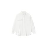 Camisa de manga larga Fear of God Essentials de corte oversize, color blanco, con cuello clásico, cierre frontal de botones, puños abotonados y dos bolsillos en el pecho con solapa.