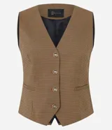 Chaleco de sastrería con estampa mini escocesa, corte ajustado y largo corto. Presenta escote en V, cierre frontal con botones y espalda con cinta regulable.