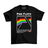 Remera de algodón color gris oscuro con estampado frontal gráfico inspirado en el álbum The Dark Side of the Moon de Pink Floyd, con diseño de prisma y espectro de colores.