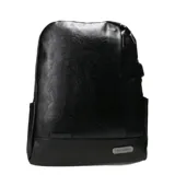 Mochila urbana de cuero sintético color negro con diseño minimalista. Cuenta con compartimento para notebook, puerto USB integrado, bolsillos internos y externos para organización y correas ajustables.