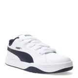 Championes urbanos Puma modelo Park Life Style Easy, de corte bajo, color blanco con detalles en azul marino en el logo lateral, talón y suela. Presentan cordones anchos y una estructura resistente diseñada para el uso diario.