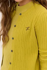 Cardigan tejido de punto con diseño de ochos, color celeste, de manga larga.