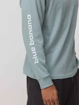 Remera de manga larga en color verde azulado, con corte regular fit. Presenta un estampado cuadrado en la espalda con una X grande y detalles de marca en la manga.