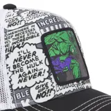Gorro CapsLab con visera curva, de malla blanca y frente estampado con imágenes de Hulk y onomatopeyas de comics.