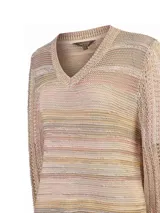 Sweater de punto Glint de la marca RKF, con diseño a rayas horizontales en tonos tostados y rosados, escote en V y mangas largas con textura calada.