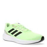 Championes deportivos Adidas modelo Runfalcon 3, color verde lima con las icónicas tres tiras laterales en negro. Presentan una suela blanca de amortiguación y detalles en gris claro en la zona del talón y ojalillos.