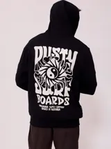 Campera canguro de felpa negra con capucha y cordones de ajuste, cierre frontal completo, bolsillos tipo canguro y estampa gráfica blanca en el pecho.