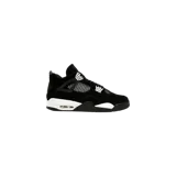 Championes Jordan 4 Retro White Thunder de diseño icónico, color negro con detalles en blanco contrastantes en los ojalillos y la entresuela, incorporando paneles de malla lateral y amortiguación Air visible.