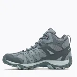 Bota de senderismo Merrell modelo Accentor 3 Mid WP, color gris con detalles en azul claro. Confeccionada en ante y malla impermeable, cuenta con puntera protectora de goma, entresuela de espuma EVA y suela de goma adherente para mayor tracción.
