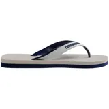 Sandalias tipo chancleta Havaianas Dual, color gris con tiras anchas bicolores en blanco y azul marino con el logo de la marca.