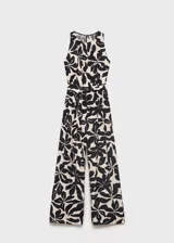 Mono largo estampado en blanco y negro con diseño floral abstracto, cuello redondo, tirantes anchos, sin mangas y diseño recto con cinturón decorativo a juego.