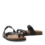 Sandalias tipo Birkenstock color blanco, con dos tiras ajustables con hebillas metálicas y suela de corcho con base de goma blanca.
