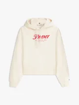 Buzo con capucha Tommy Hilfiger de color blanco, confeccionado en felpa de puro algodón. Presenta un corte amplio con hombros caídos, puños y bajo de punto canalé, y cordón ajustable en la capucha. En el pecho destaca un logotipo texturizado en tono rojo, complementado con un pequeño logo bordado en el puño.