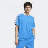 Remera de fútbol Adidas del Real Madrid, modelo Terrace Icons. Diseño celeste con finas rayas verticales blancas, cuello redondo blanco, mangas cortas con tres tiras blancas en los hombros, logo de Adidas y escudo del Real Madrid bordados en el pecho. Inspirada en la moda del fútbol de los años 80.
