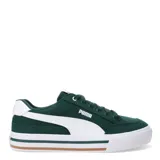 Championes urbanos Puma modelo Court Classic Vulc, color negro con detalles en blanco. Presentan un diseño de corte bajo con capellada de lona, cierre de cordones y suela vulcanizada con franja decorativa.