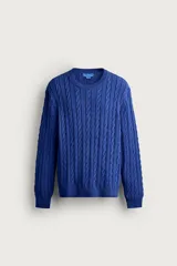 Sweater regular fit de punto con diseño de trenzas, color azul, con cuello redondo y manga larga, de la colección especial Aaron Levine x Zara.