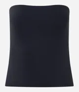 Top strapless (sin breteles) de color celeste claro, ajustado al cuerpo.