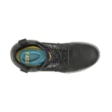 Bota de caña media Caterpillar modelo Charli, confeccionada en cuero nobuk texturizado color negro. Presenta cuello acolchado en tejido gris, cierre mediante cordones con ganchos metálicos y suela de goma con entresuela blanca contrastante.