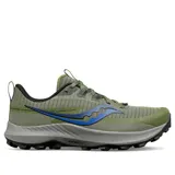 Championes Saucony Peregrine 13 para hombre, ideales para trail running. Diseño en tonos verde oliva y gris con detalles en azul.