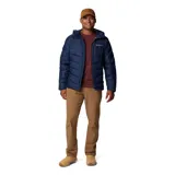 Campera puffer Columbia con tecnología Omni-Heat Infinity y Omni-Shield, color azul marino. Cuenta con capucha, cierre frontal, bolsillos laterales y en el pecho, y puños elásticos.