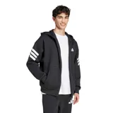 Campera deportiva Adidas con capucha y cierre frontal completo. Presenta un diseño en color negro con las icónicas tres franjas blancas en las mangas y el logo de la marca en el pecho. Incluye bolsillos laterales y puños acanalados.
