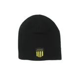 Gorro de lana negro con escudo del Club Atlético Peñarol bordado en amarillo. Es reversible y del otro lado tiene rayas horizontales amarillas y negras.