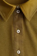 Top de punto color verde oliva, ajustado al cuerpo, con cuello camisero, tapeta de botones y costuras decorativas verticales en el frente.