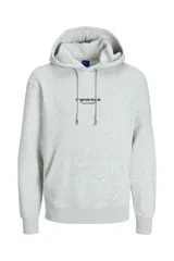 Canguro gris melange de manga larga con capucha, corte relajado, bolsillo tipo canguro y estampado con texto en el pecho.