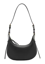 Riñonera de diseño minimalista en color negro, confeccionada en material efecto piel con acabado liso. Presenta una forma curva estructurada, cierre superior con cremallera y una correa ajustable con hebilla metálica que permite llevarla al hombro o cruzada.