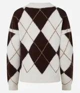 Suéter de punto con diseño de cuadros argyle en tonos marrón y crema, cuello en V y mangas largas con sisa caída.
