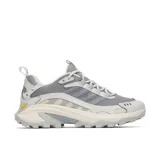 Championes de trail running Merrell modelo Moab Speed 2 Sport, color gris con detalles en crema. Presentan un diseño técnico con empeine de nailon ripstop y TPU, suela Vibram TC5+ de alto agarre y tecnología FlexPlate para mayor estabilidad y flexibilidad.