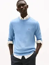 Sweater celeste de algodón con cuello redondo y logo de Tommy Hilfiger bordado en el pecho.