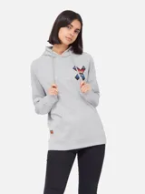 Canguro gris con capucha y cordones ajustables, con estampado en la espalda con diseño geométrico en forma de equis (X) con motivos tribales en colores rojo, naranja, azul y blanco.